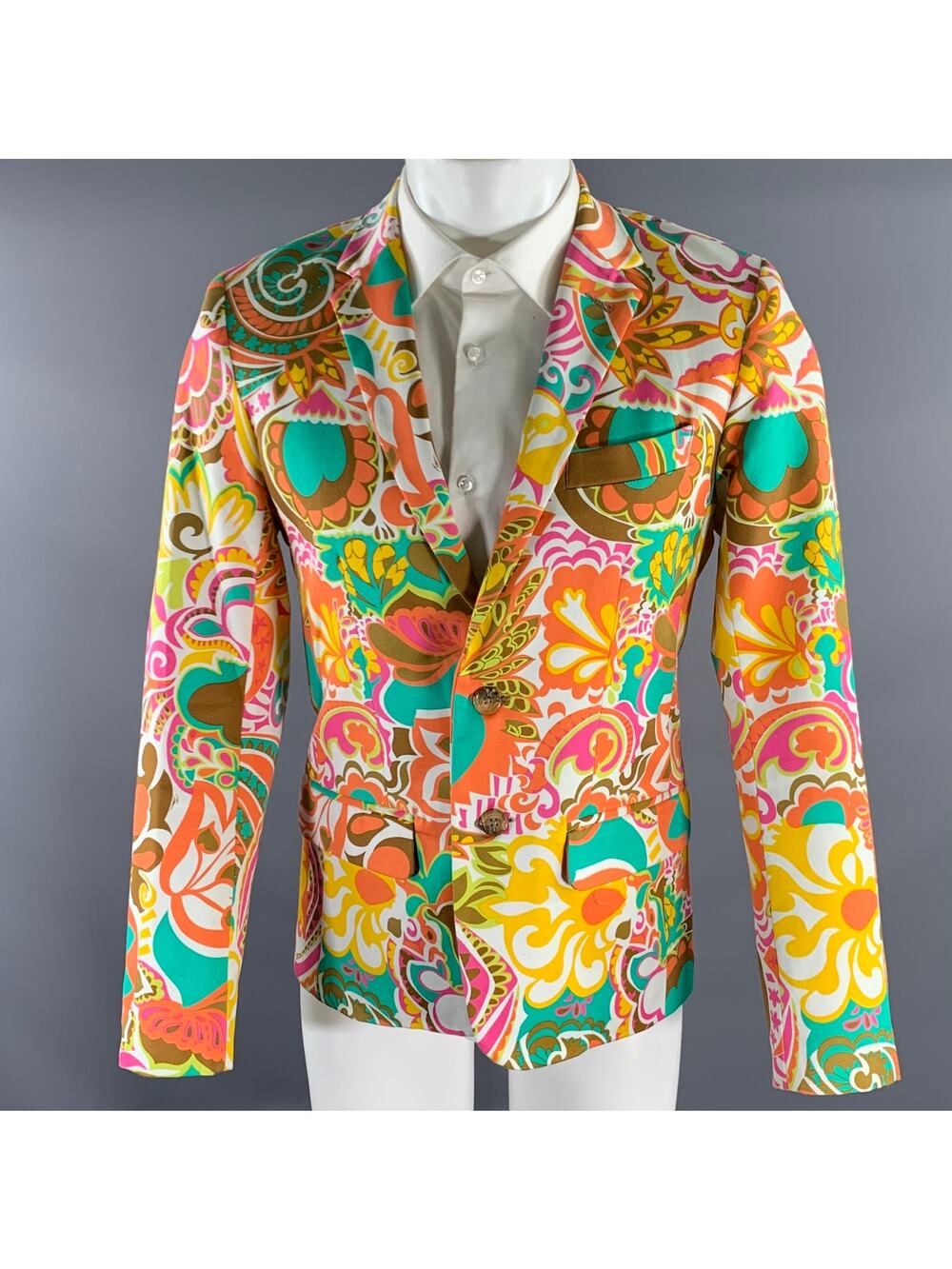 MR TURK Chest Size 38 White Multi Color Floral Cotton Blend Sport Coat